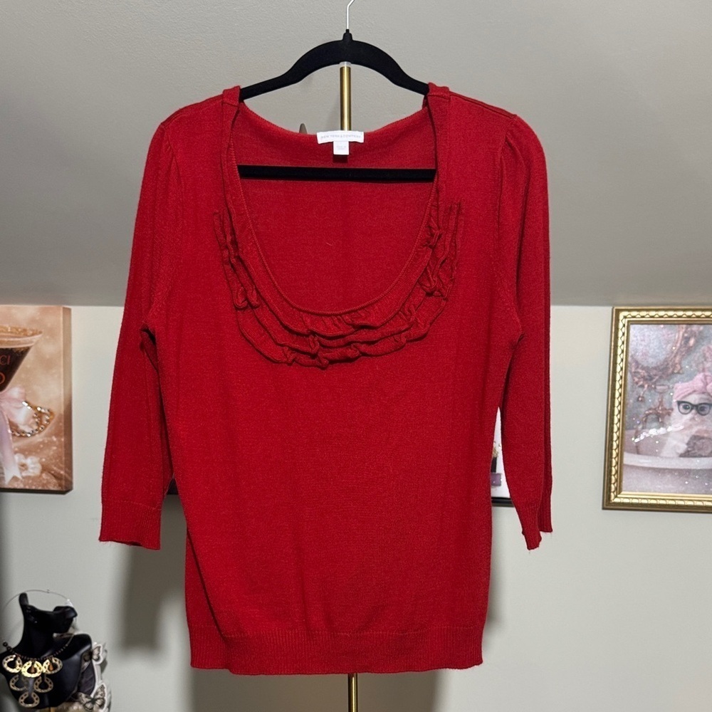 EUC New York & Company Red Scoop Neck Sweater with Ruffle Detail